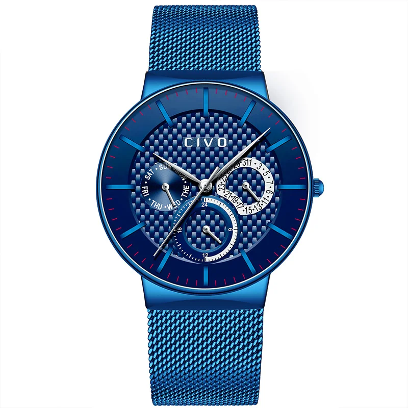 

CIVO Waterproof Quartz Watch Men Sports Business Blue Steel Mesh Wrist Watches Casual Chronograph Date Calendar Analog Watch
