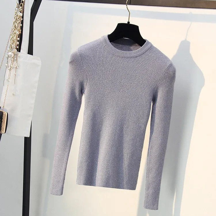 2019 Women O-Neck Knitted Tops 2019 New Spring Solid Shiny Long Sleeve Pullover  Sweater Femme Slim Jumper