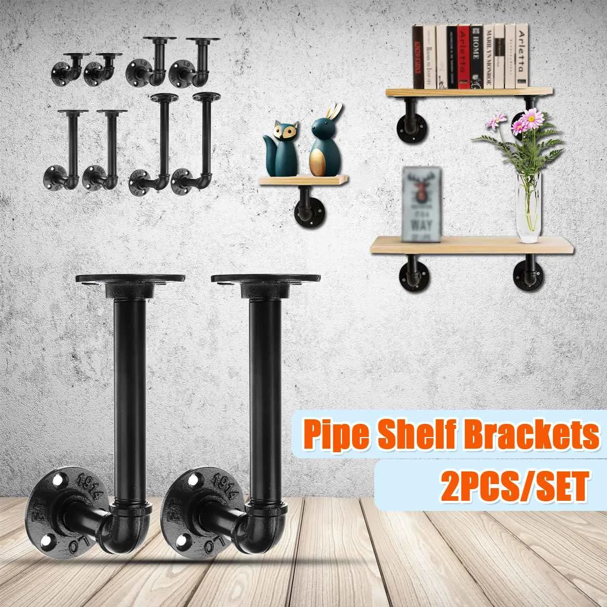 

2PCS Industrial Steel Pipe Shelf Bracket Holder DIY Pipe Shelf Brackets Black