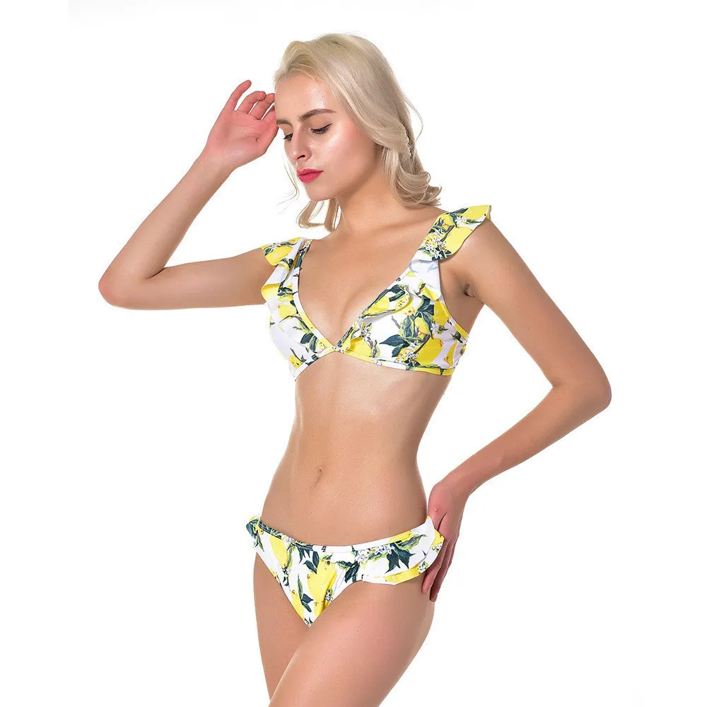 

New Women Bikinis Prints Lotus Leaf Edge Badmode Woman Sexy Bikini Set Two Pieces Padded Swimsuit 2019 Hot XL Swimwear For Beach