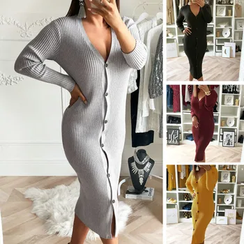 

Autumn Winter Women Knitted Long Sweater Fashion Sexy V-Neck Long Sleeve Button-up Slim Dress Ladies Cocktail Party Long Dress