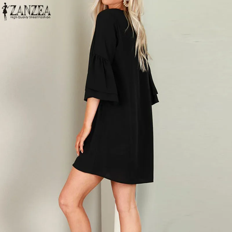 Женское Короткое платье ZANZEA, летнее модное платье для вечеринки, сексуальный Однотонный сарафан с глубоким v-образным вырезом и рукавами-фонариками, Клубные мини платья, топы Vestido