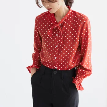 

Qiukichonson Polka Dot Lantern Sleeve Chiffon Blouse Korean Fashion 2019 Spring Bowknot Design Stand Collar Woman Shirts Casual
