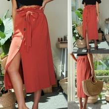 Модная женская бандаж на пуговицах Boho миди юбка с высокой талией на шнуровке однобортная Повседневная Женская юбка с разрезом спереди