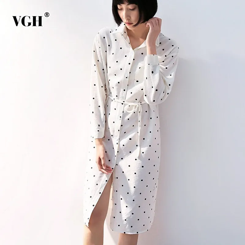 VGH Spring Vintage Corduroy Polka Dot Women Shirt Lapel Long Sleeve Lace Up Sashes Split Hem Loose Slim Female Top Blouse New |