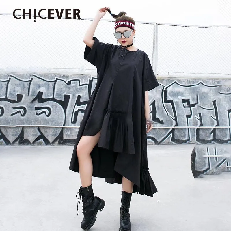 

CHICEVER Spring Asymmetrical Dresses For Women O Neck Short Sleeve Ruffles Irregular Hem Loose Oversize Female Dresses 2019 New