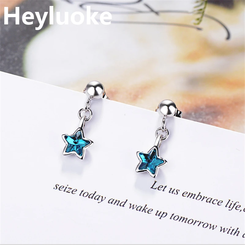 Женские серьги гвоздики HEYLUOKE корейские модные из тибетского серебра с синим