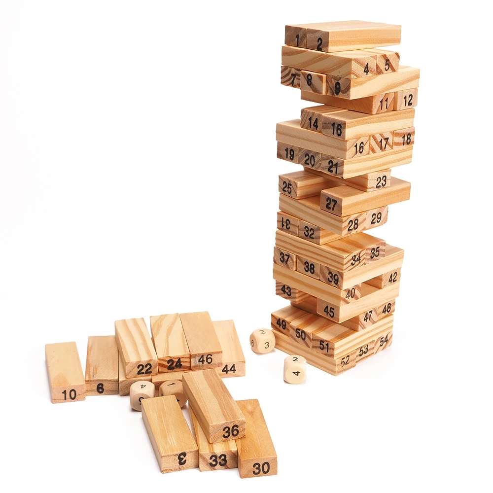 

54Pcs Blocks+4Pcs Dice Wooden Tower Wood Building Blocks Classic Toy Domino Stacker Extract Building Educational Game Gift