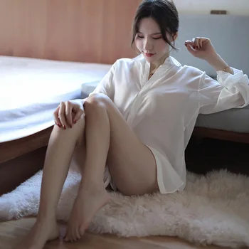 Women Sexy Perspective Sleepwear Chiffon Cute White Shirt Lingerie Sleepwear Temptation Underwear Nightdress sexy temptation cardigan perspective nylon spandex sexy lingerie blue