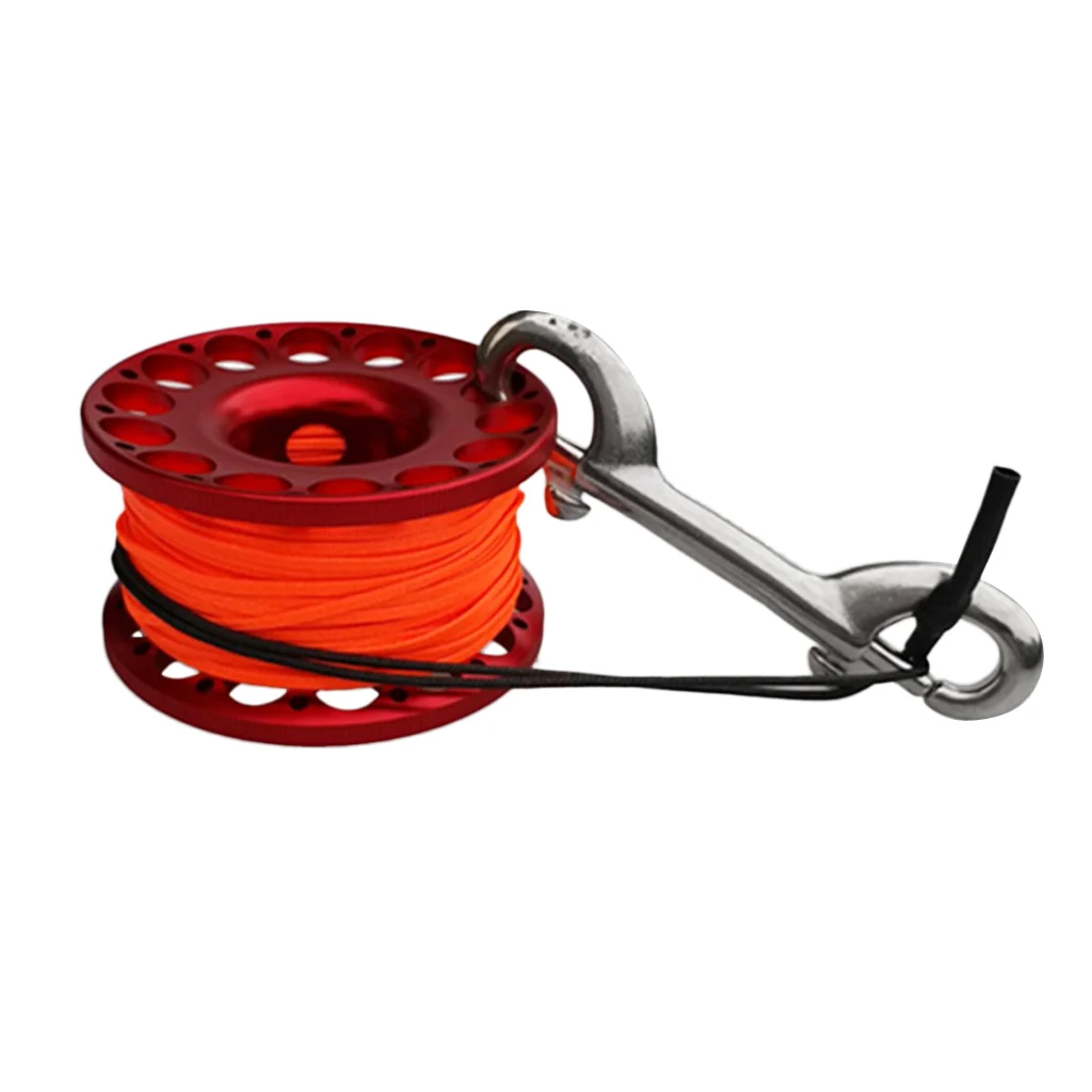 

1 Pcs Scuba Diving Finger Spool Reel 30m Line with Stainless Steel Dual End Bolt Snap Clip Red Aluminum Alloy