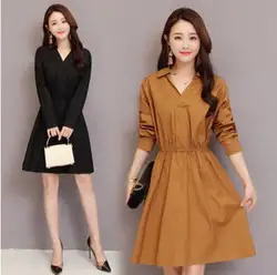 2018 Осень-Зима корейские женские с длинным рукавом черные платья модные повседневные офисные женские Платья До Колена Большие размеры
