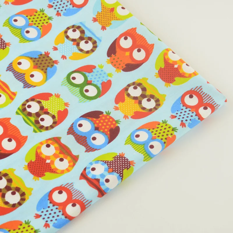 Colorful Owls Designs Blue Cotton Twill Fabrics Quilting Patchwork Scrapbooking CM Sewing Cloth Home Textile Telas Tissue