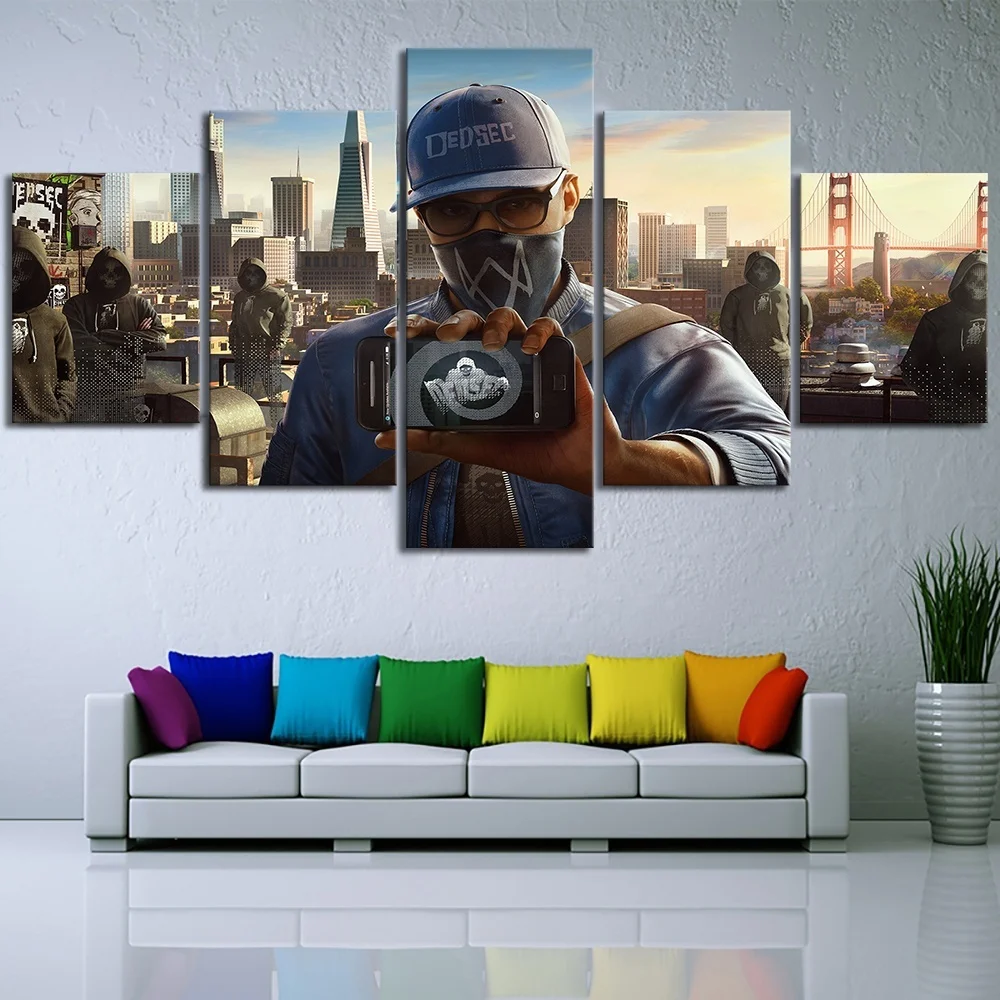 

5 Pieces HD Printed Watch Dog Game Poster Pictures Wall Painting for Home Decor