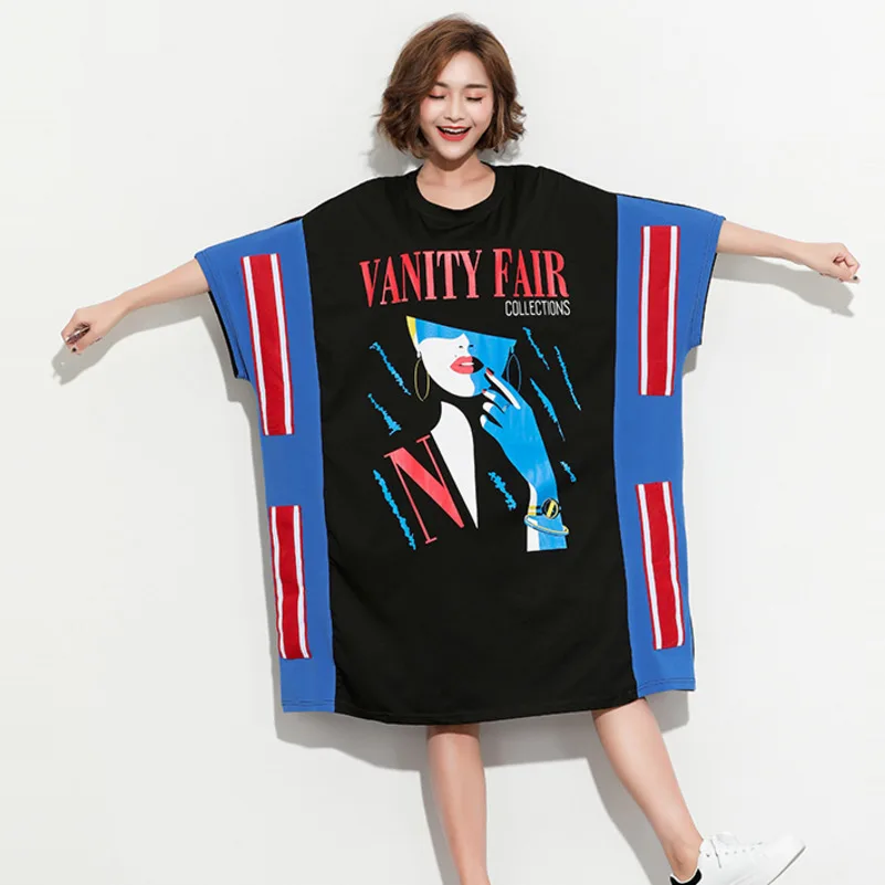 

#1658 Summer 2019 Black T Shirt Dress Oversized Cotton Plus Size Dresses For Women 4xl 5xl 6xl Loose Bat Sleeve Vestido Harajuku