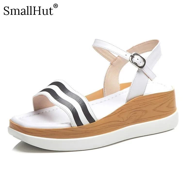 

Genuine Leather Women Sandals Summer 2019 Ankle Strap Woman Platform Sandals Fashion Ladies Black Purple Striped Flat Shoes D012