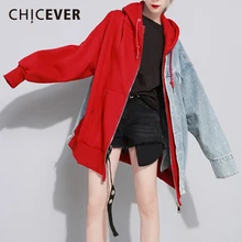 CHICEVER с капюшоном Лоскутная джинсовая женская куртка женские пальто с длинным рукавом плюс бархат свободные большие размеры зимние толстовки одежда новая