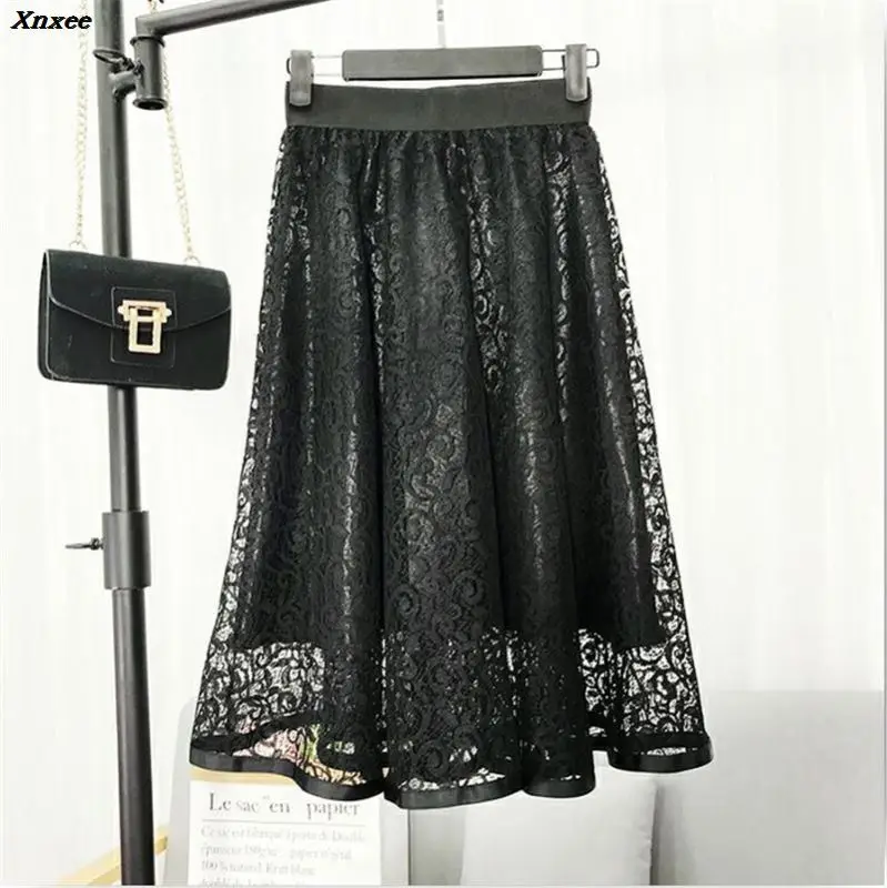 

New Fashion Lace Skirts Women's Black Gray White Adult Tulle Skirt Spring Summer Elastic High Waist Vintage Zipper Midi Skirt