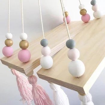 

Shelf Wall Shelf Storage Shelf Child Ins Nordic Style Solid Wood Macaroon Beads Wooden Tassel Storage Room Partition Children