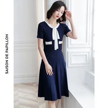 

2019 Summer New Style Ice Silk Short Sleeve Knitted Dress Female European And American Temperament Slim Was Thin Lace-up Dress C