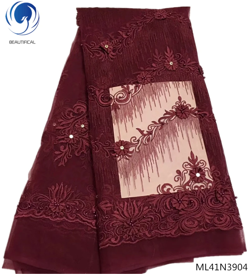 

BEAUTIFICAL african tulle lace fabrics with beads and stones 3d flower laces fabrics french net laecs 5yards/lot ML41N39