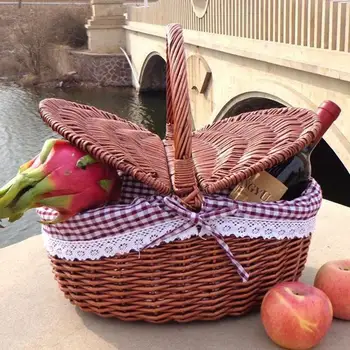 

Hand Made Wicker Basket Wicker Camping Picnic Basket Shopping Storage Hamper With Lid And Handle Wooden Color Wicker Picnic