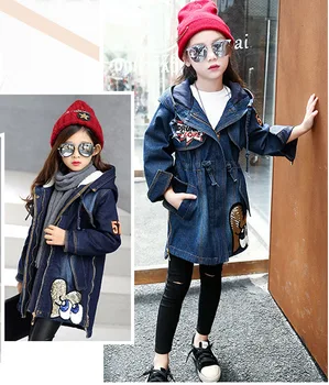 

Spring girl's denim jacket long style kids cool street style jeans hooded jacket thick winter