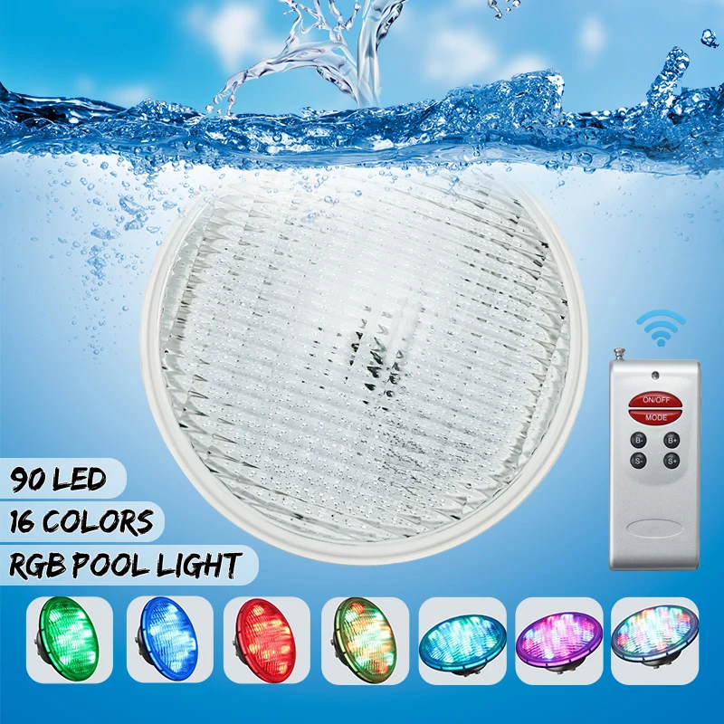 

2835 Lamp 16 Color 90Pcs SMD 12-24V 18W IP68 LED RGB Underwater Swimming Pool Bright Light + Remote Control Beads LEDS White ABS