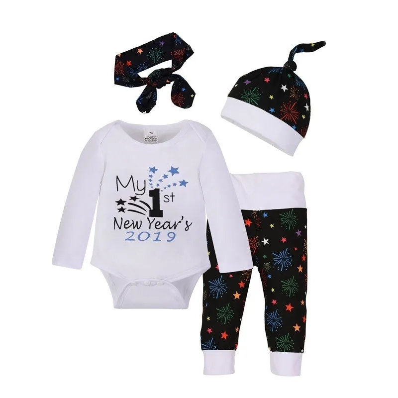 

Baby4Pcs Fashion New Newborn baby boy clothes 2019 my first new year clothes Letter Onesie + trousers + hat + headband Cute Suit