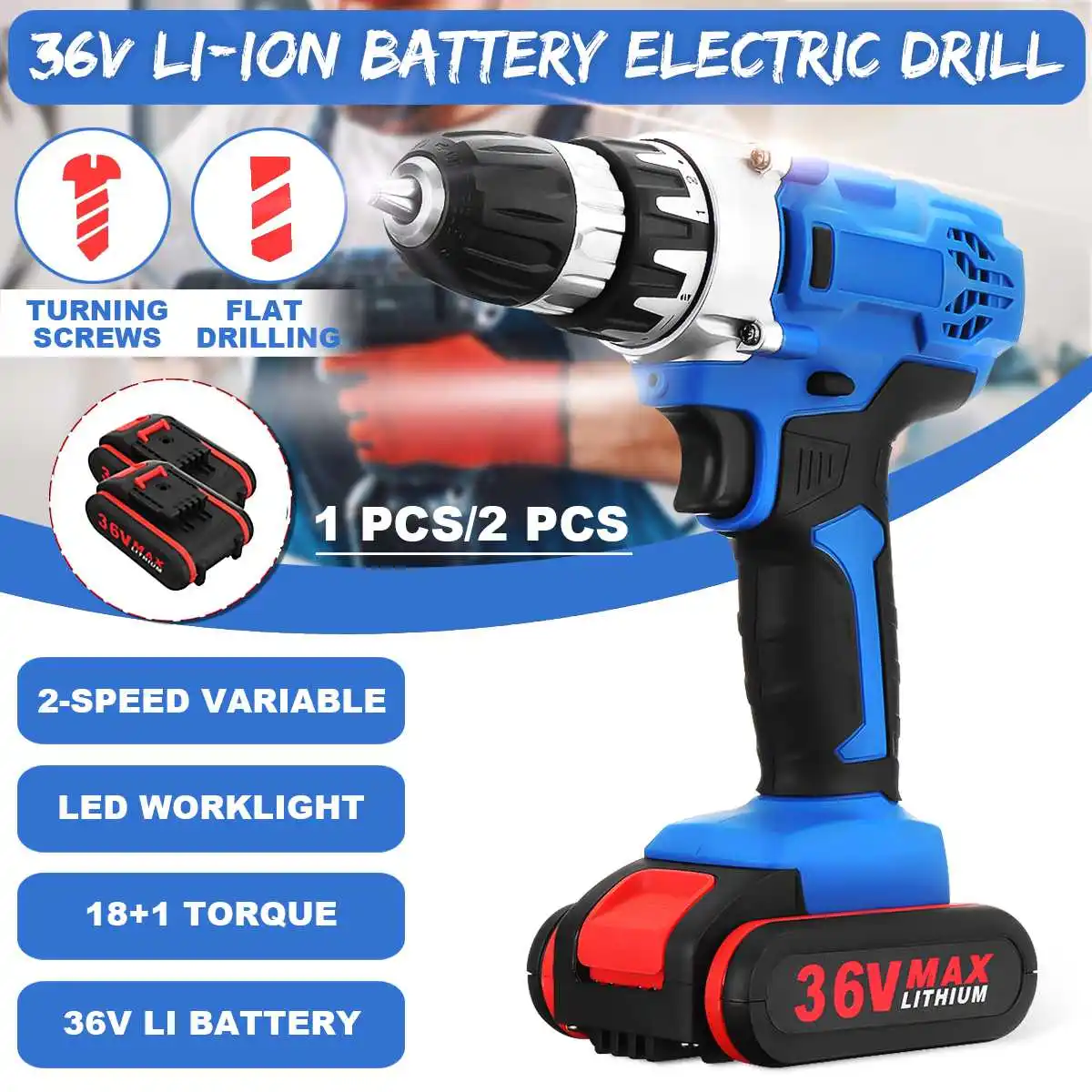 

36V Cordless Electric Drill impact drill Double-Speed Adjustment LED lighting Waterproof screwdriver wrench power tool