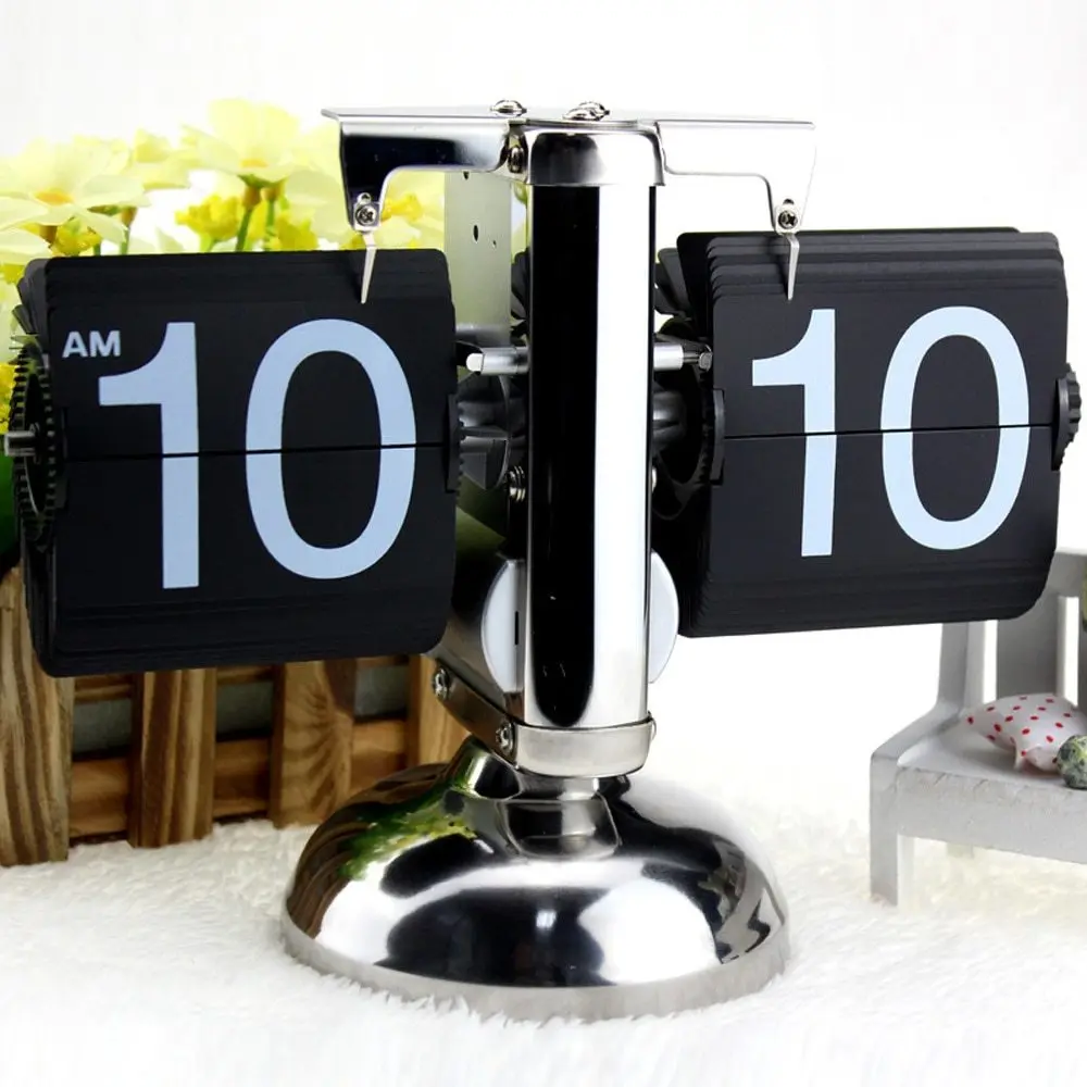 

Small Scale Table Clock Retro Flip Over Clock Stainless Steel Flip Internal Gear Operated Quartz Clock