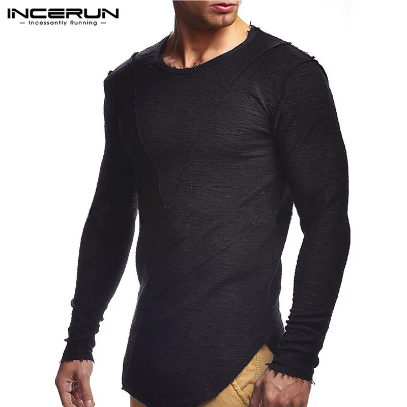 Comfortable Extend HipHop Men T Shirt Long Sleeve Basic Solid O-Neck Patchwork Loose Gyms Muscle Shirts Tee Male Clothing