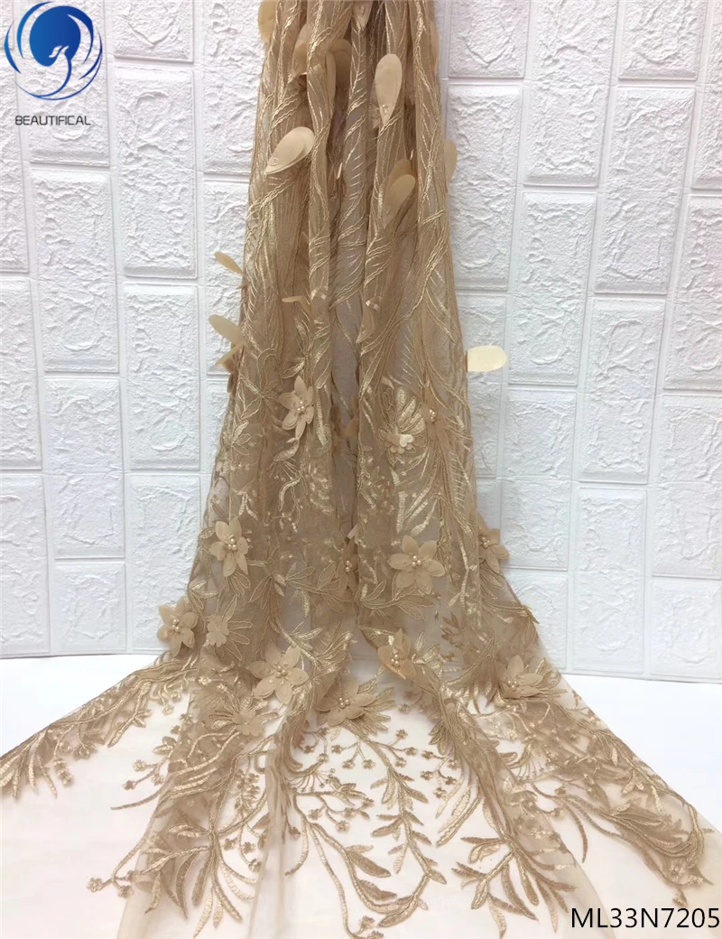 

BEAUTIFICAL gold african 3d french lace with beads 2019 embroidery tulle 3d lace fabric ML33N72