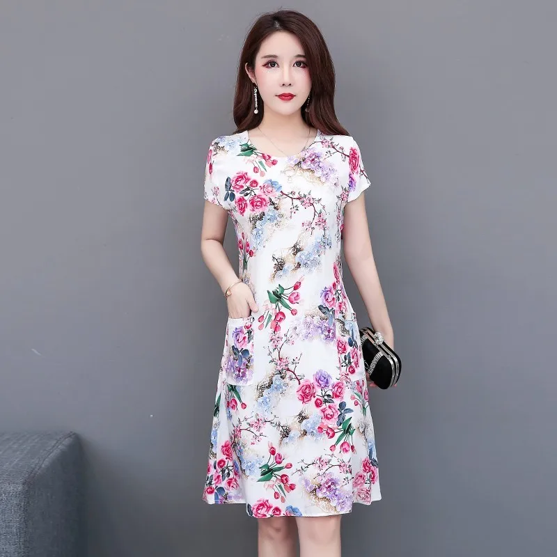 

Summer Dress A-line Size Promotion Vestidos Mujer Women Dresses Vanled Round Neck Short-sleeved Cotton Printed Slim Belt L-4XL