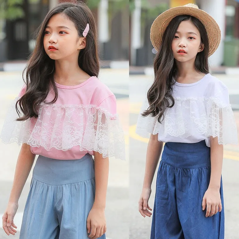 

Lace Patchwork Teenage Summer T-shirt For Girls Tops Short Sleeve Cotton O Neck T Shirt Kids White Pink Little Children Clothing