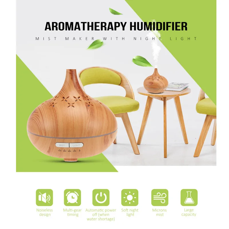 

400ML Aromatherapy Humidifier Aroma Essential Oil Diffuser Air Humidifier With Wood Grain LED Night Lights for Office Home