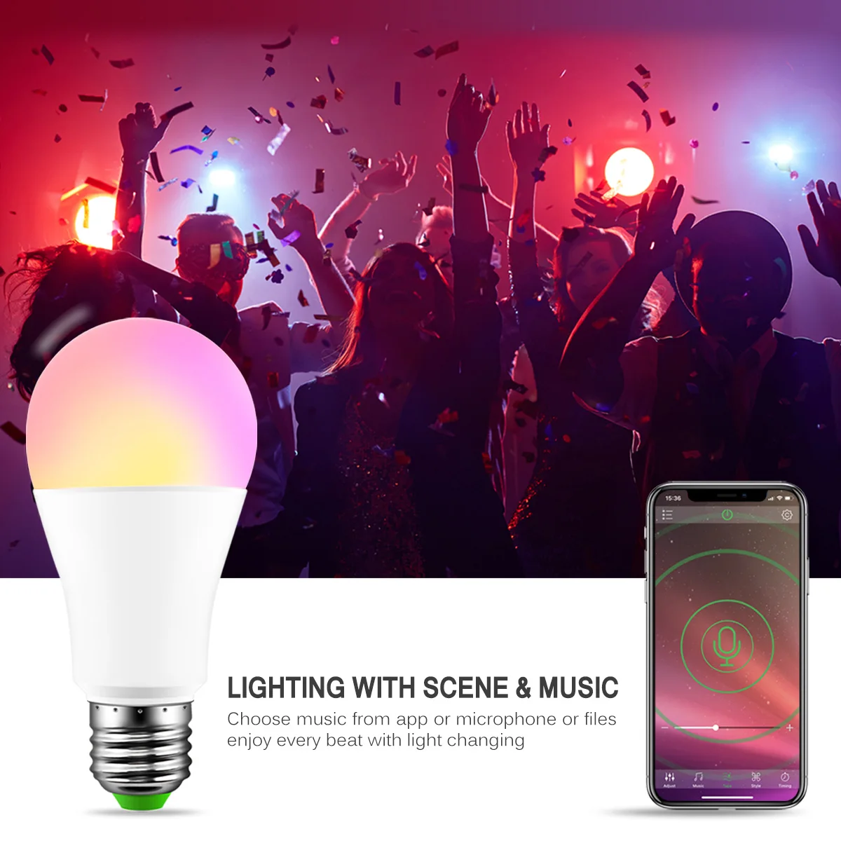 

E27 LED RGB Bulb Lamp RGBW Bluetooth Wireless Voice Music Control 85-265V For Smart Phone IOS Android 15W Bulb Lamp