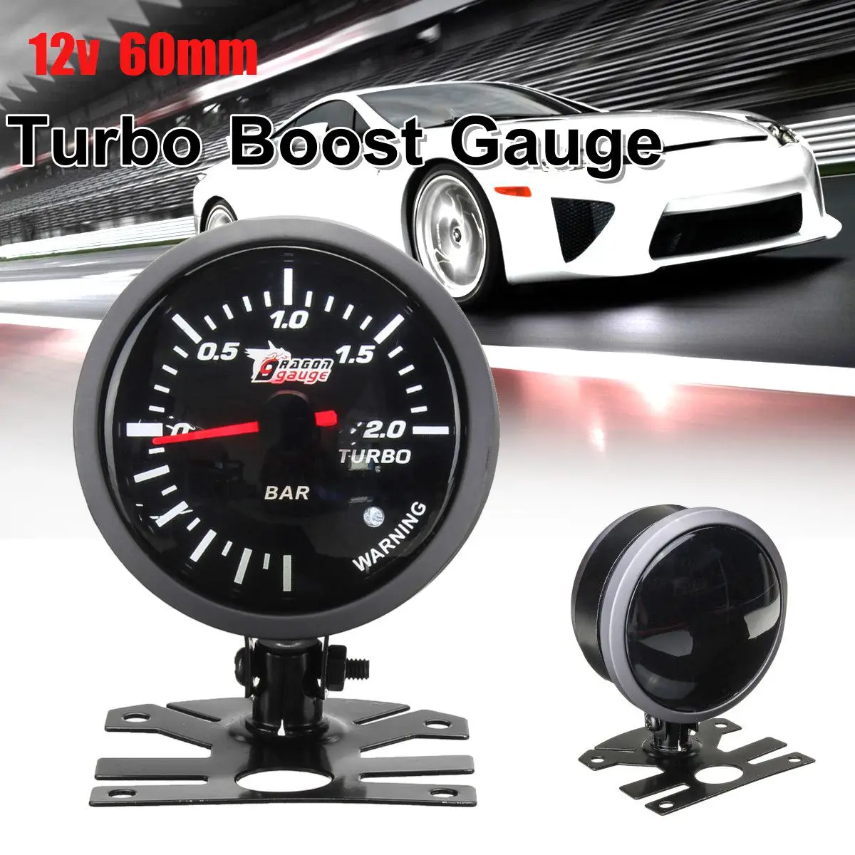 

12V Car Motorcycle 60mm Black Face White Light LED 2.0 Bar Auto Turbo Boost Pressure Gauge