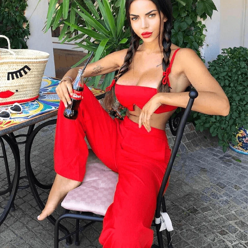 

Sexy Matching TWO PIECE SET Spaghetti Strap Top Cami Wide Leg Pants Tracksuit Women Sheer Suit Vacation Outfits Ensemble Club