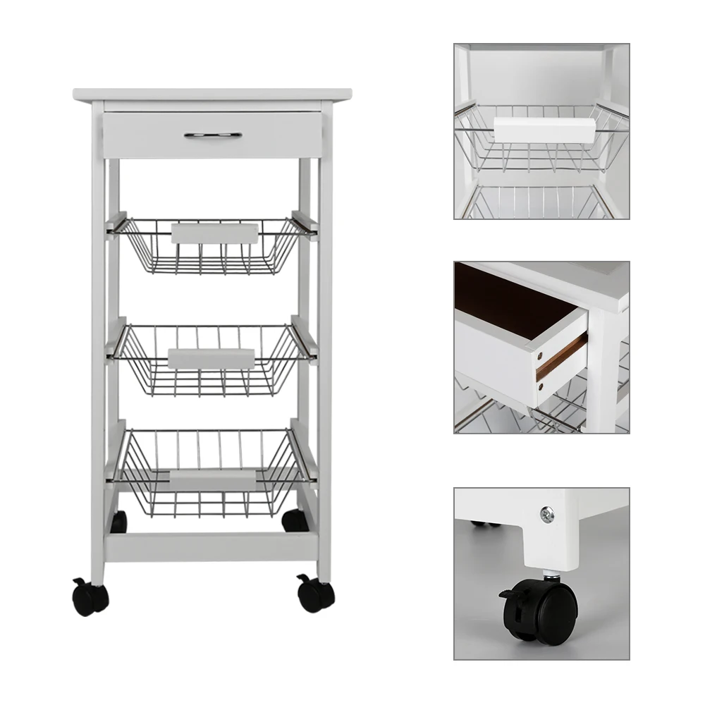 

Portable Kitchen Rolling Tile Top Drop Leaf Storage Trolley Cart White Simple Morden Three-layer Shelf Rack Kitchen Island HWC