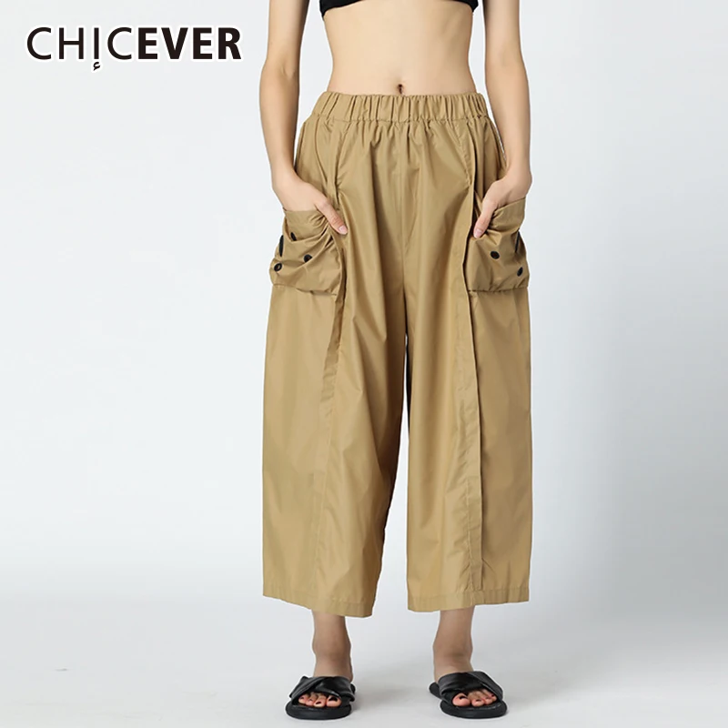 

CHICEVER Summer Trousers For Women Loose Oversize Elastic High Waist Big Pocket Ankle Length Straight Pant Women Fashion Tide