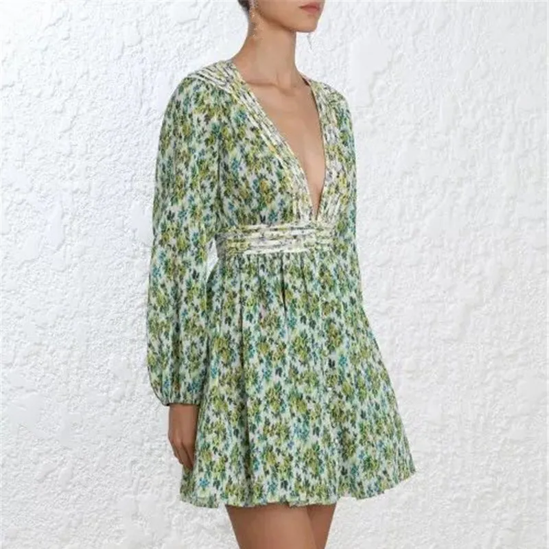 

2019 Spring Print Dress Female V Neck High Waist Tunic Lantern Long Sleeve Mini Dresses Women Casual Beach Dress