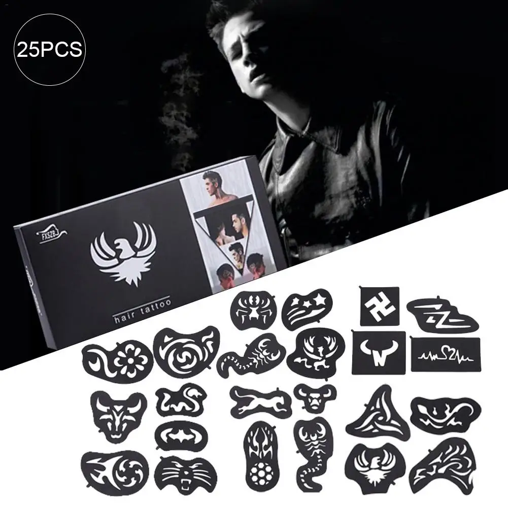 

25PCS Hair Tattoo Template Hair Trimmer Carved Dye Coloring Tattoos Patterns Stencil DIY Salon Barber Tools For Cool Men