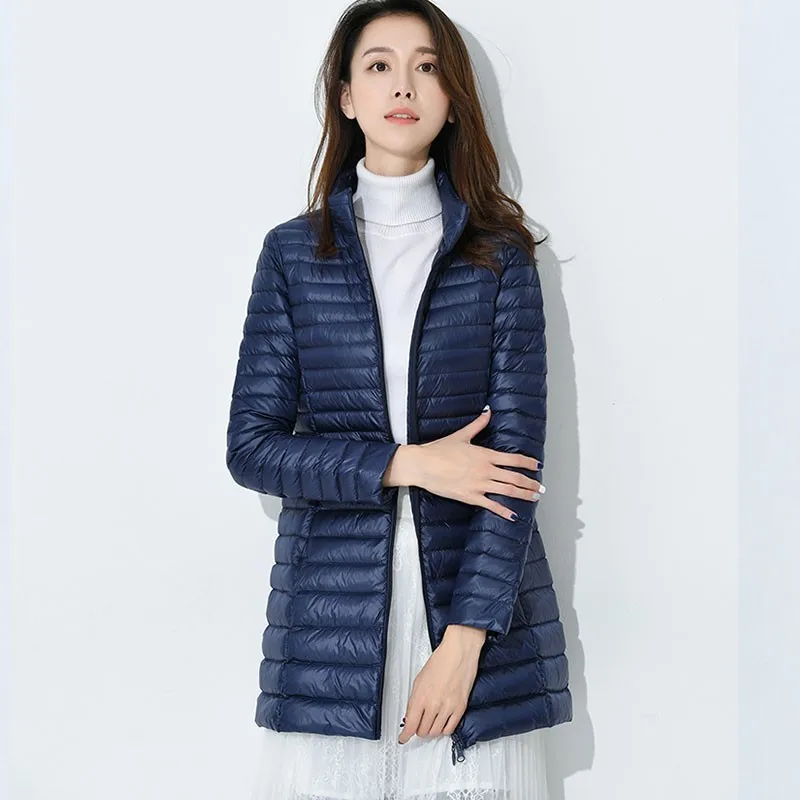 

Winter Stand Collar Long Down Jacket Female 2019 New White Duck Feather Simple Fashion Light And Thin Coat Women Plus Size HJ154