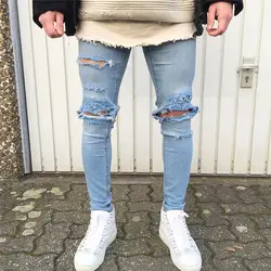Новый дизайнер для мужчин рваные джинсы Slim Fit светло голубой деним узкие джоггеры мужской уличная 2018 хип хоп узкие брюки джинсы для женщин