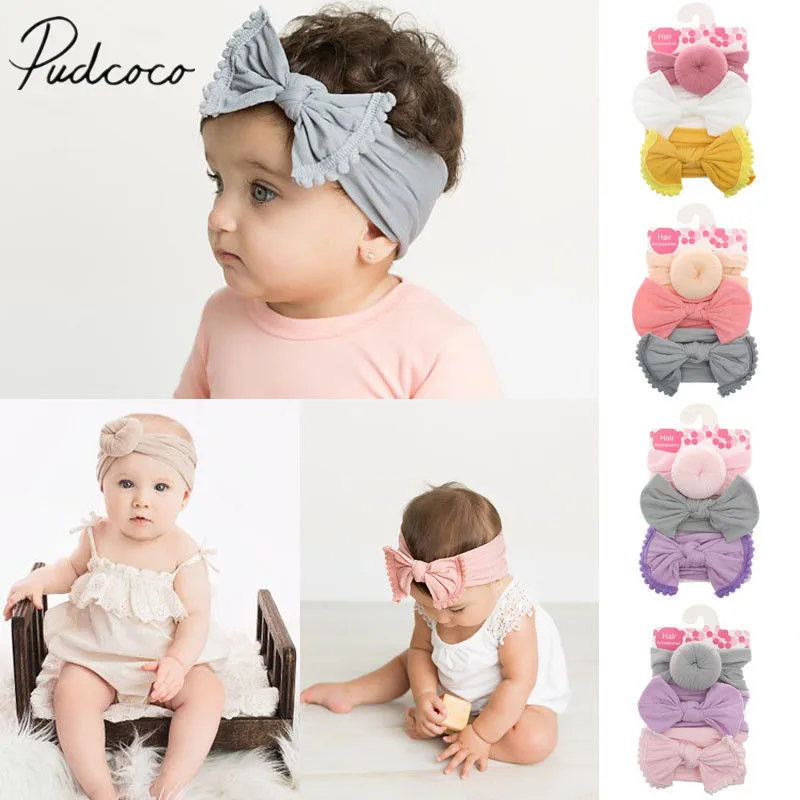 

2019 Brand New 3Pcs/Packet Princess Infant Baby Girl Boy Headband Bow Hairband Stretch Turban Knot Head Wrap Gift Bow Hairband