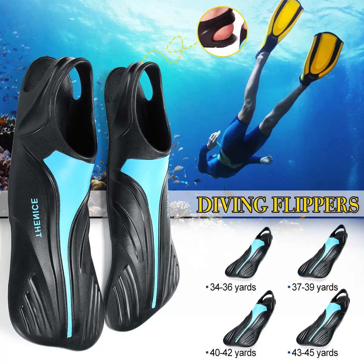 

1Pair 34-45 TPR Swim Fins Adult Swimming Dive Diving Snorkeling Long Diving Flippers Snorkeling Shoes Swim Fins Foot with Heel