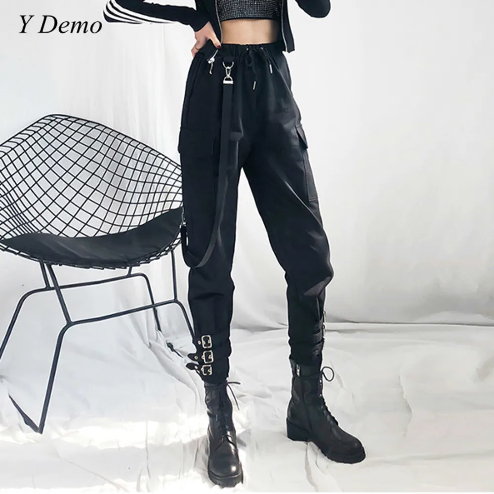 Skup Hiphop długie spodnie o kroju boot cut kobiety sznurowane klamry fajny damski pasek buty spodnie