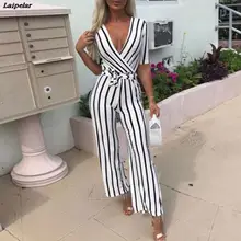 2018 Fashion Deep V One Piece Striped Women Overalls Waist Belted Wide Leg Office Sexy Bodysuit Bodycon Summer Elegant Jumpsuit 2018 Fashion Deep V One Piece Striped Women Overalls Waist Belted Wide Leg Office Sexy Bodysuit Bodycon Summer Elegant Jumpsuit