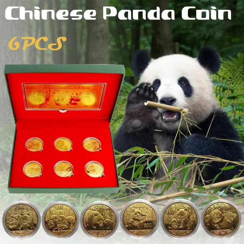 

6pcs/set Chinese Big Panda Baobao Commemorative Coins Gold Plated Metal Coin Collection Art Gift Black And White Bear