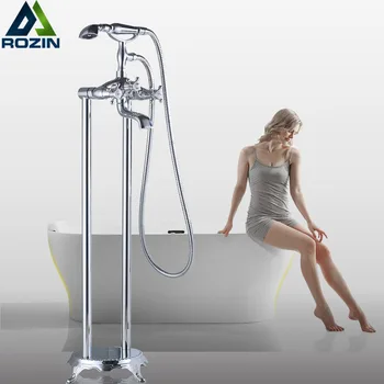 

Chrome Free Standing Bath Tub Faucet Dual Handle Brass Floor Mounted Clawfoot Bathroom Bathtub Mixers Swivel Spout Hand Shower